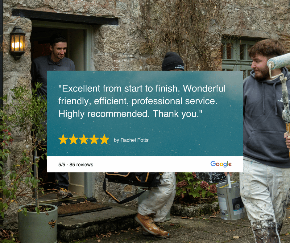 St Austell Handyman team at work in Cornwall with 5-star Google review praising friendly, professional handyman services.